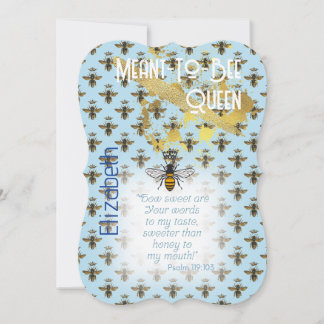 Invitación Azul Pastel De Lujo Abeja Reina Cuadrícula Dorada
