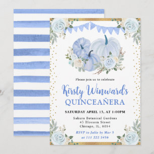 Invitación Azul Pastel Floral Calabaza Otoño Quinceañera