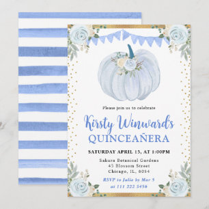 Invitación Azul Pastel Floral Calabaza Otoño Quinceañera