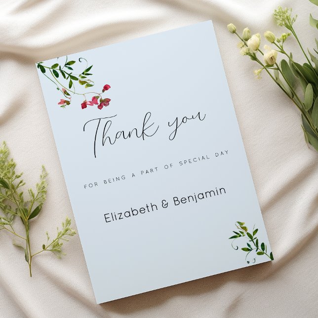 Invitación Azul pastel flores rosadas rojas verdes Gracias (Pastel blue pink red green flowers Thank You)