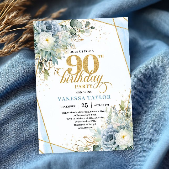 Invitación Azul pastel oro vegetación luxe script cumpleaños  (Pastel blue gold greenery luxe script 90th birthday invite)