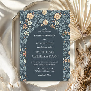 Invitación Azul pastel oscuro chic marfil floral Art Nouveau