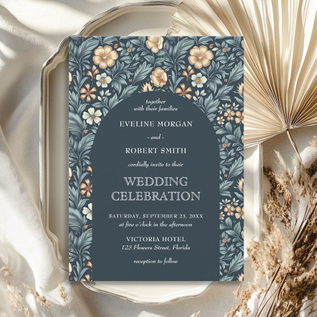 Invitación Azul pastel oscuro chic marfil floral Art Nouveau (Chic dark pastel blue ivory floral Art Nouveau Invitation)