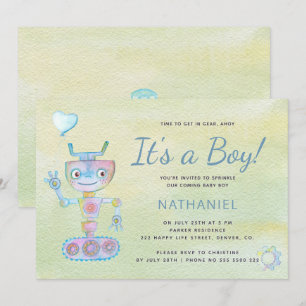 Invitación Azul pastel robot lindo es una ducha de bebé niño