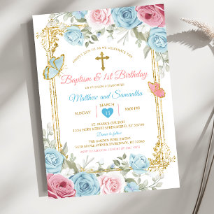 Invitación Azul Pastel Rosa Cumpleaños Bautizo & 1er Cumpleañ