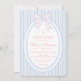 Invitación Azul Pastel Vintage Floral Elegante Bautizo