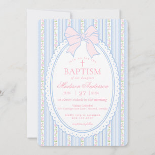 Invitación Azul Pastel Vintage Floral Elegante Bautizo
