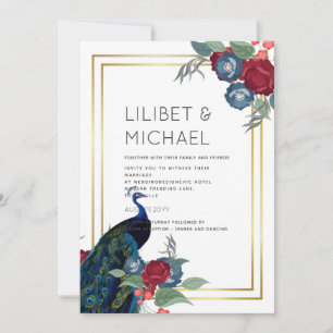 Invitación Azul Pavo Real Borgoña Invierno Boda de Otoño