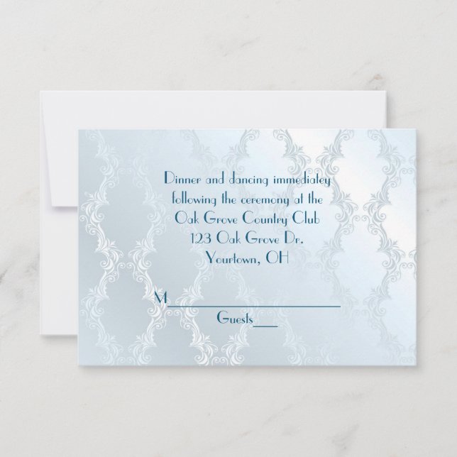 Invitación Azul Perla Damask RSVP (Anverso)