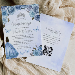 Invitación Azul Plata Floral acuarela QR Código Quinceañera