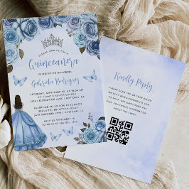 Invitación Azul Plata Floral acuarela QR Código Quinceañera