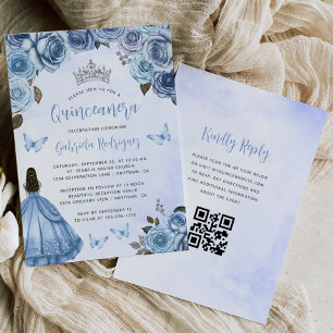 Invitación Azul Plata Floral acuarela QR Código Quinceañera
