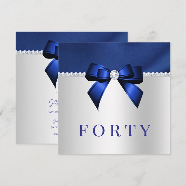 Invitación Azul, Plata y Diamantes 40 cumpleaños (Anverso / Reverso)