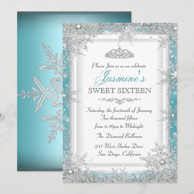 Invitación Azul Plateada de Invierno para Sweet 16 (Anverso / Reverso)