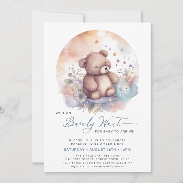 Invitación Azul Podemos Esperar A Bear Boy Baby Shower (Anverso)