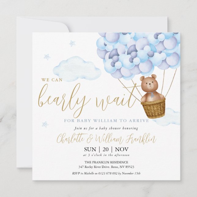 Invitación Azul Podemos Esperar A Teddy Bear Boy Baby Shower (Anverso)