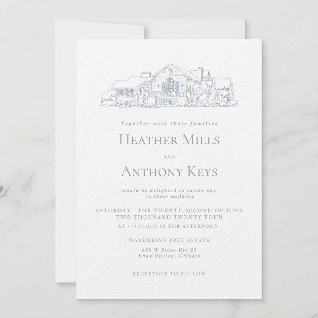 Invitación Azul Polvo con Boceto del Lugar (Anverso)