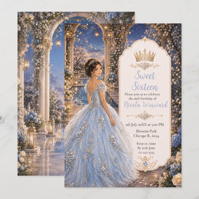 Invitación Azul Polvo Dulce 16 Princesa Jardín (Anverso / Reverso)