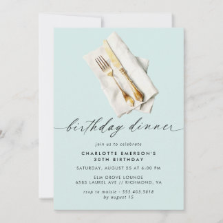 Invitación Azul Polvo Pastel | Cena de cumpleaños con guión c