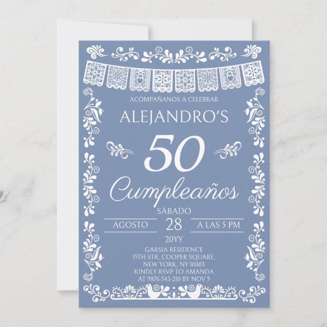 Invitación Azul Polvoriento 50 Cumpleaños Fiesta de Cumpleaño (Anverso)