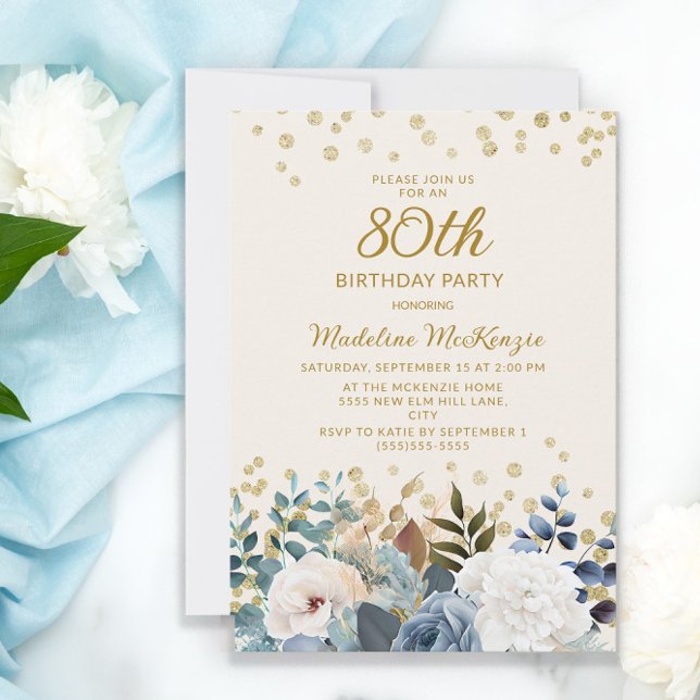 Invitación Azul Polvoriento Blanco Floral Dorado 80 Cumpleaño (Subido por el creador)