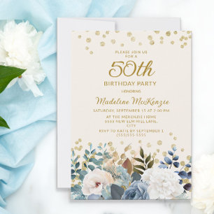 Invitación Azul Polvoriento Blanco Floral Dorado Cumpleaños 5