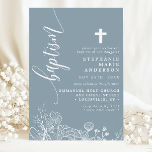 Invitación Azul Polvoriento Blanco Floral Elegante Escritura