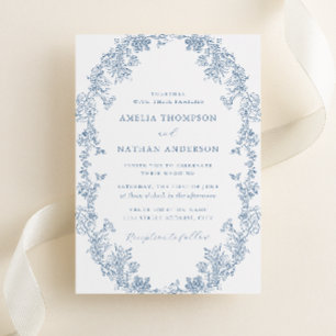 Invitación Azul Polvoriento Blanco Floral Vintage Boda