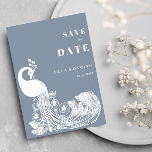 Invitación Azul polvoriento blanco real pavo real chic Save t