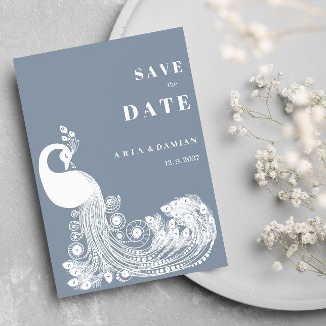 Invitación Azul polvoriento blanco real pavo real chic Save t (Dusty blue white royal peacock chic Save the Date )