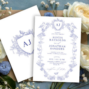 Invitación Azul polvoriento clásico floral victoriano francés