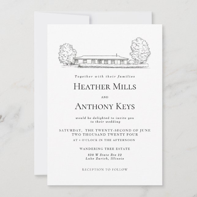 Invitación azul polvoriento con boceto del lugar (Anverso)