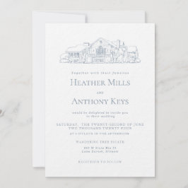 Invitación azul polvoriento con boceto del lugar