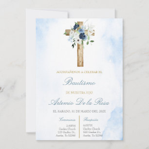Invitación Azul polvoriento con cruz de bautizo