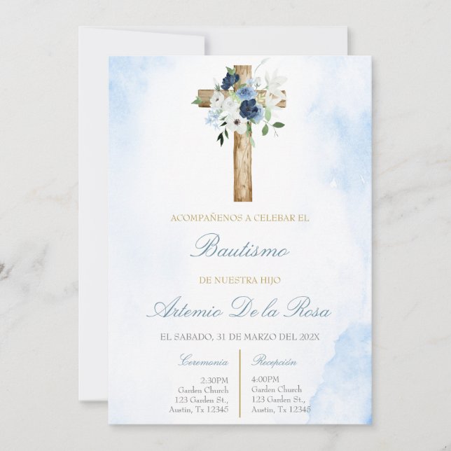 Invitación Azul polvoriento con cruz de bautizo (Anverso)