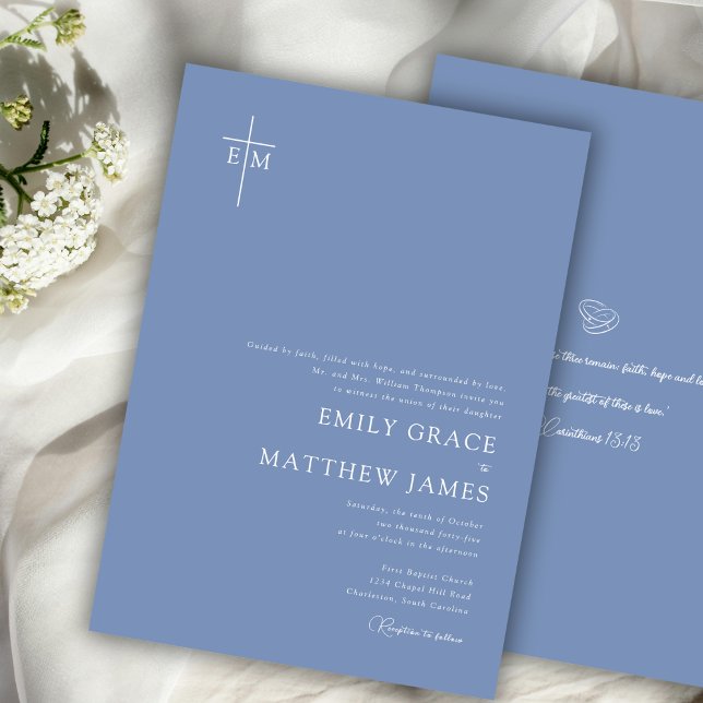 Invitación Azul Polvoriento Cruz Cristiana Monogramada Modern (Subido por el creador)