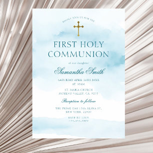 Invitación Azul Polvoriento Cruz Dorada Primera Comunión