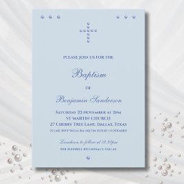 Invitación Azul Polvoriento Cruz Simple Bautizo Cristiano