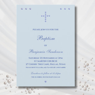 Invitación Azul Polvoriento Cruz Simple Bautizo Cristiano