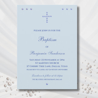 Invitación Azul Polvoriento Cruz Simple Bautizo Cristiano