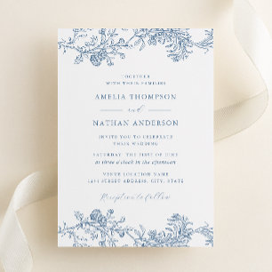 Invitación Azul Polvoriento Elegante Floral Vintage Boda