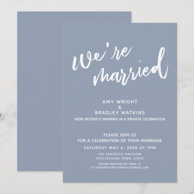 Invitación Azul polvoriento Estamos casados en recepción post (Anverso / Reverso)