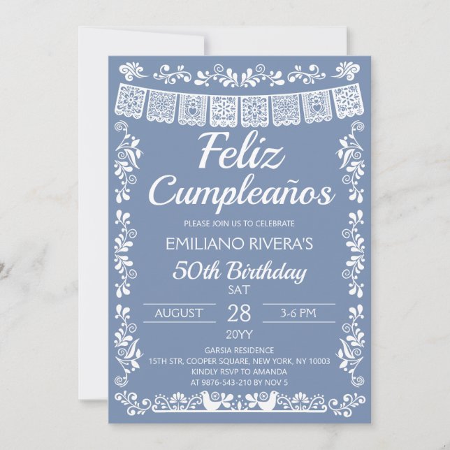 Invitación Azul Polvoriento Feliz Cumpleaños Cumpleaños 50 (Anverso)