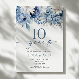 Invitación Azul Polvoriento Floral 10º Aniversario de Boda