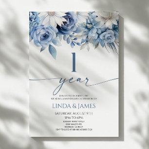 Invitación Azul Polvoriento Floral 1er Aniversario de Boda