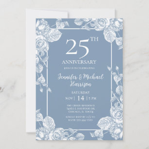 Invitación Azul Polvoriento Floral 25 Aniversario