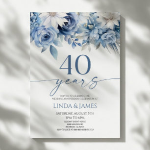 Invitación Azul Polvoriento Floral 40 Aniversario de Boda