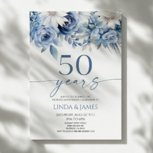 Invitación Azul Polvoriento Floral 50 Aniversario de Boda