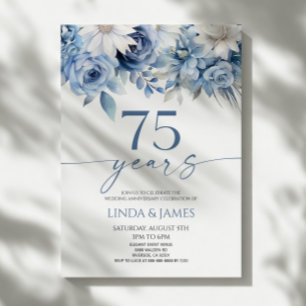 Invitación Azul Polvoriento Floral 75 Aniversario de Boda