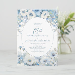 Invitación Azul Polvoriento Floral Acuarela 5to Aniversario
